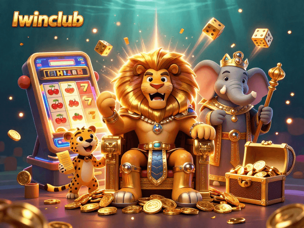 Iwinclub offers a vibrant casino experience with a lion king, elephant advisor, and cheetah messenger in a 3D slot scene.