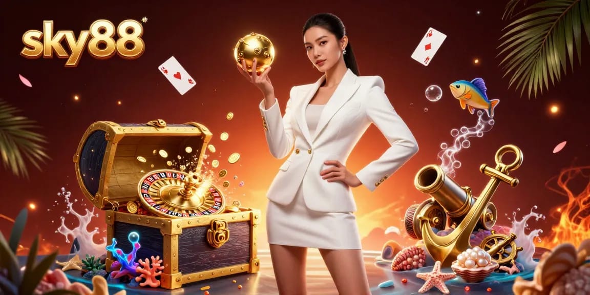 Experience thrilling gameplay at sky88 with a gorgeous casino scene featuring a confident Asian woman holding a roulette ball.