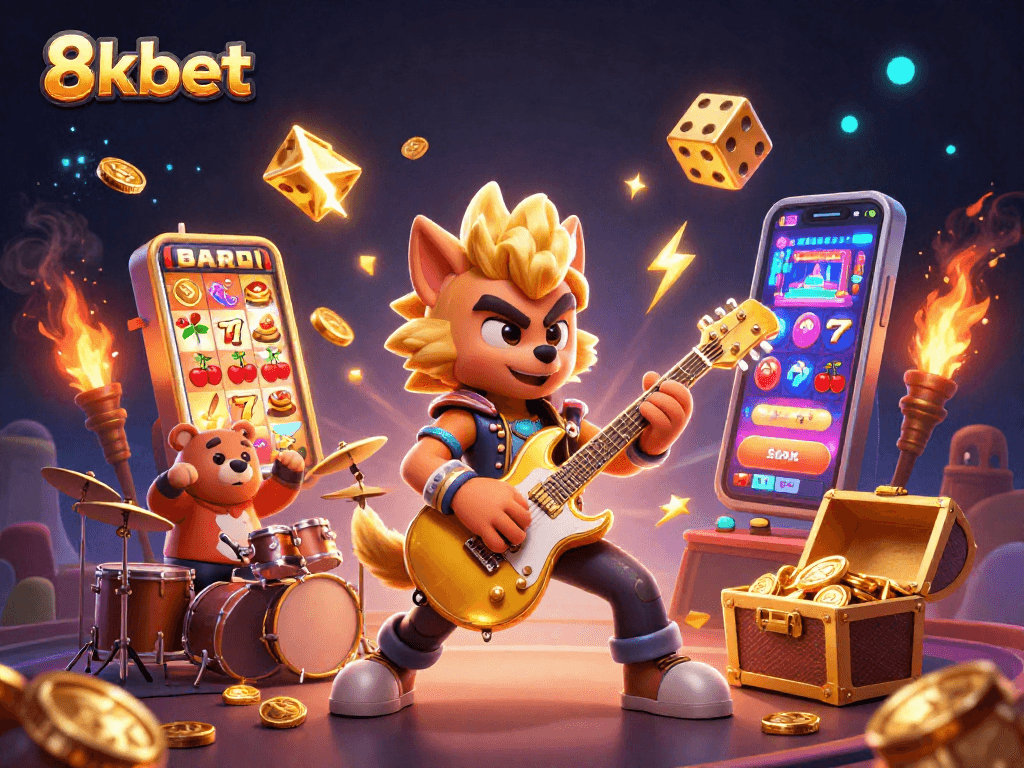 Experience the thrill of 8kbet with a rock star wolf, jackpot slots, and exciting casino action.