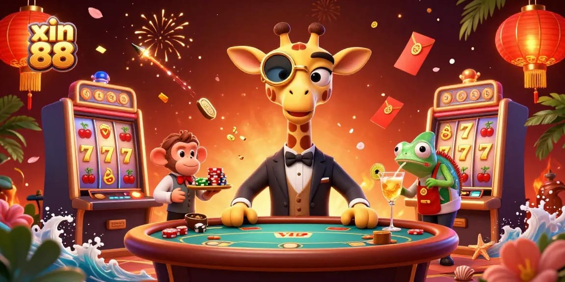 Win big with xin 88's lively casino scene featuring a high-roller giraffe and fun gaming elements.