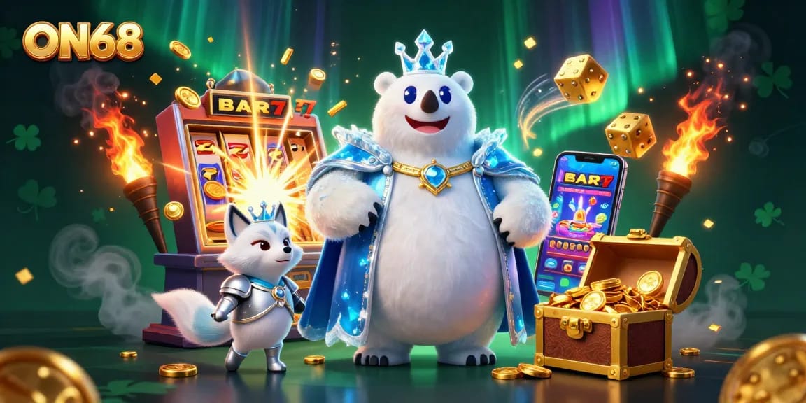 Win big at ON68, a 3D casino scene with a jackpot explosion of coins and vibrant game elements.