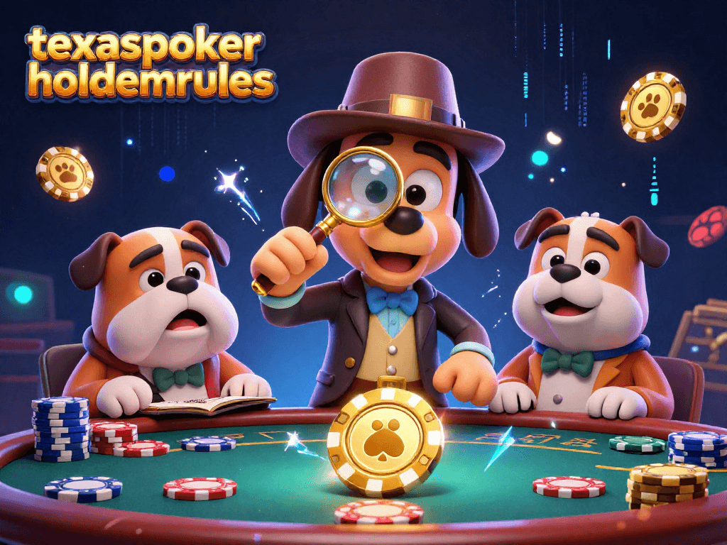 Engage with the texaspokerholdemrules in a colorful casino scene featuring a detective and his bulldog companion.