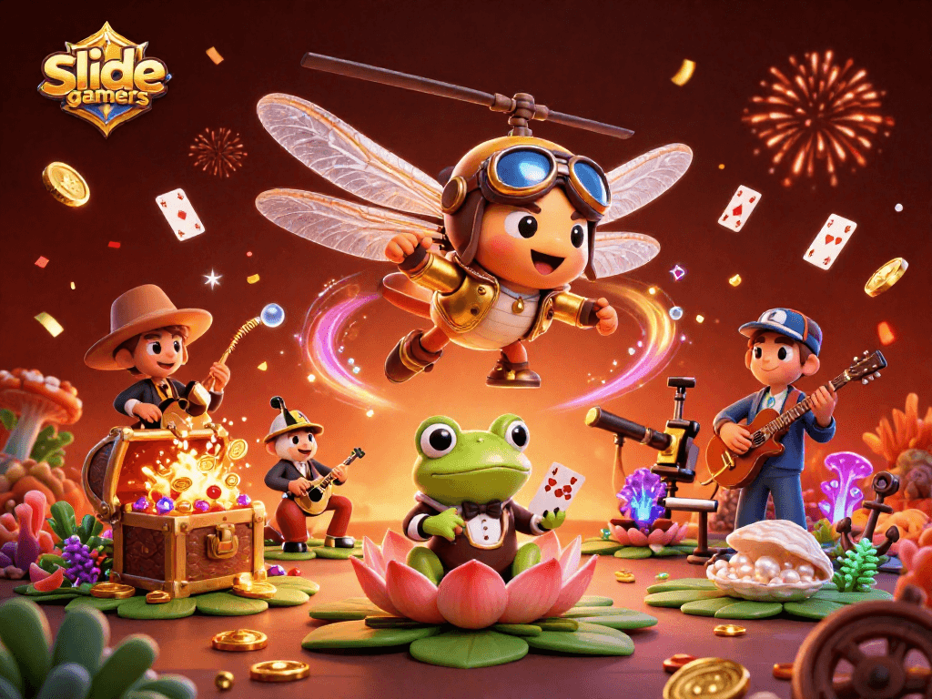 Slidegamers offer thrilling experiences in an illustrated 3D casino scene with a dragonfly pilot.