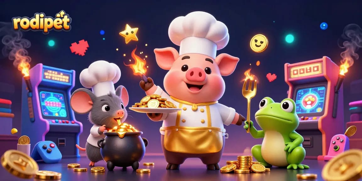 Experience the excitement at rodipet with gold coins and whimsical characters in a casino-themed scene.