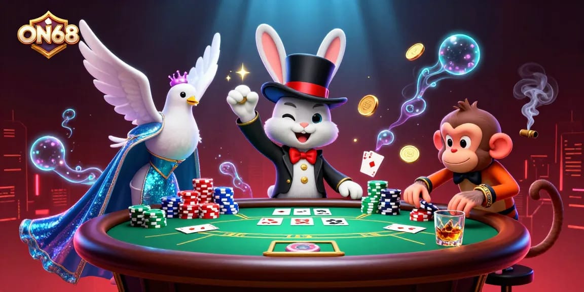 Experience the magic of ON68 as a rabbit performs tricks with poker chips and coins in an exciting casino scene.
