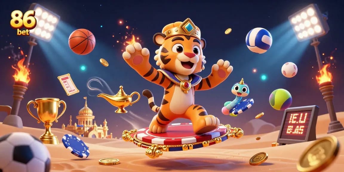 Engage with 86 bet featuring a tiger sultan on a flying poker chip carpet, immersive casino scene.