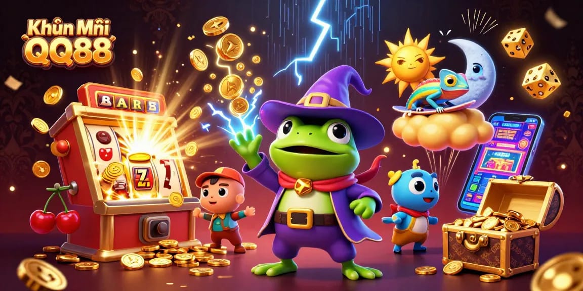 Experience Khuyến Mãi QQ88 with a vibrant 3D illustration showcasing thrilling casino action and magic!