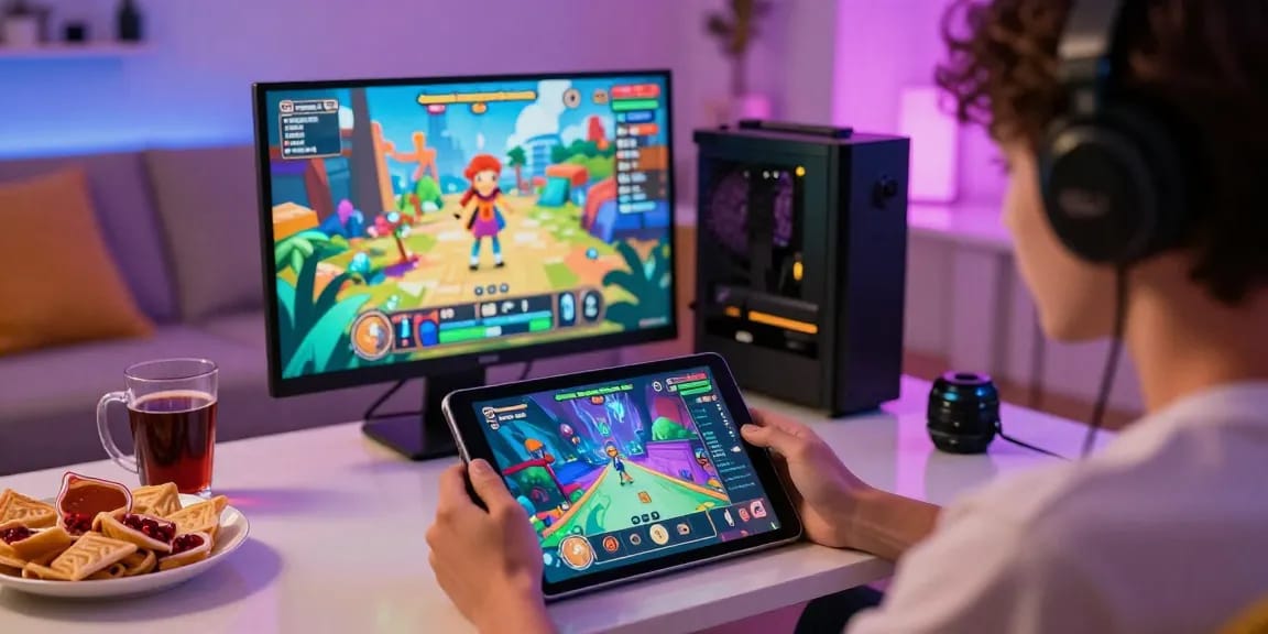Engaged player enjoying free hentai game on tablet with vibrant character art