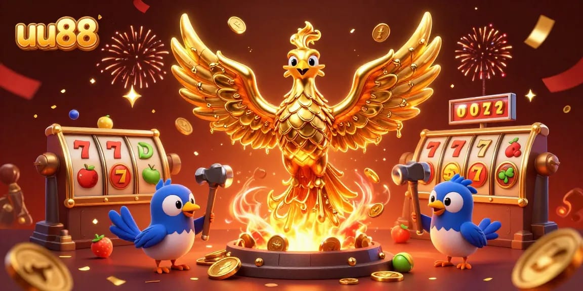 Engage with the exciting slot experience at uu88, featuring a dynamic scene of jackpots and coins.