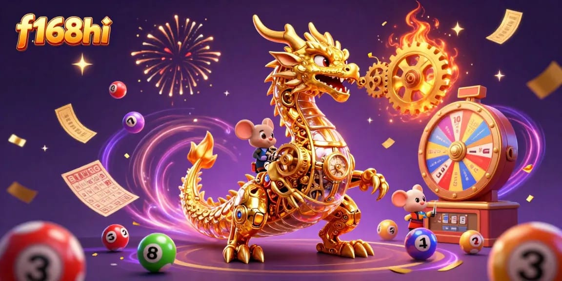 Engage with f168hi's vibrant gaming world featuring a biomechanical dragon amidst thrilling lottery elements.