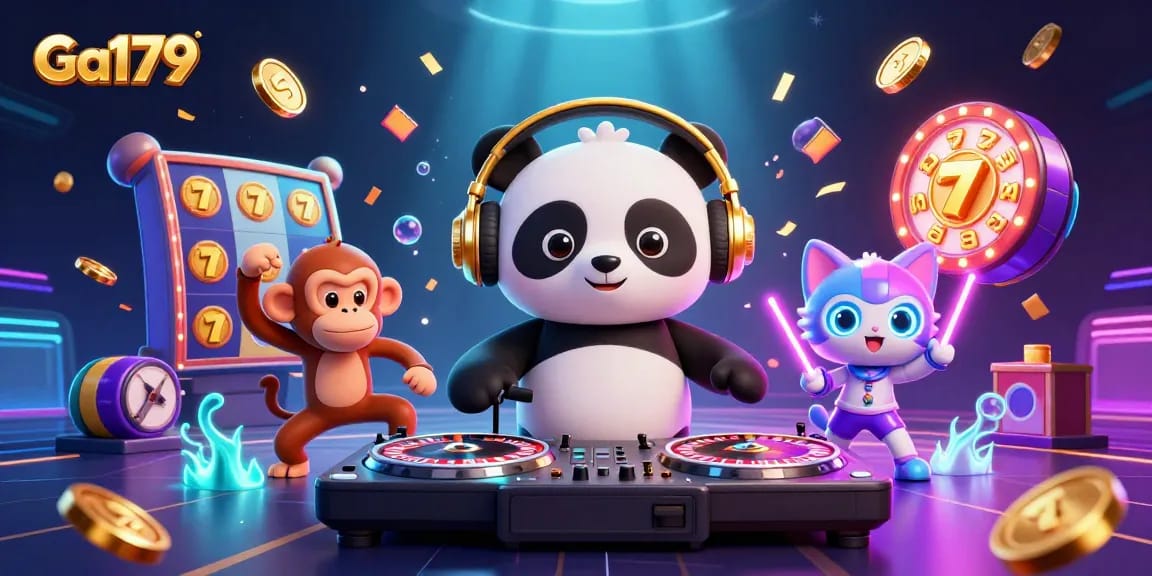 Ga179 offers thrilling casino entertainment with exciting characters like DJ panda at a vibrant gaming scene.