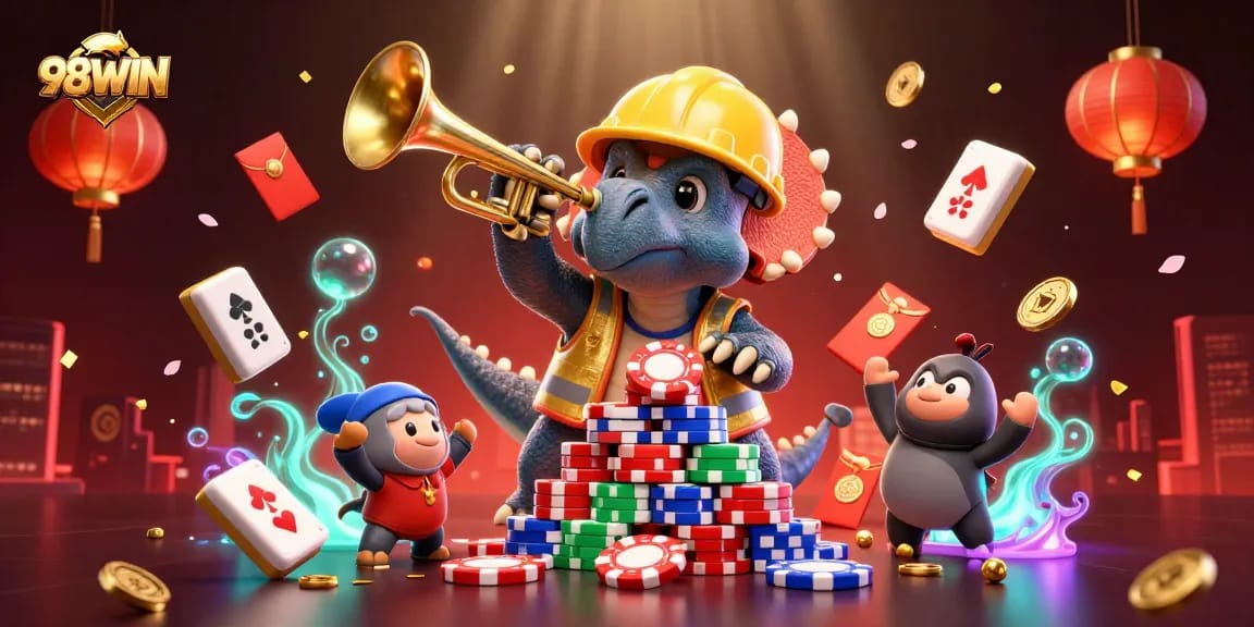 Engage with 98WIN as a triceratops builds a poker chip pyramid amid vibrant casino elements.