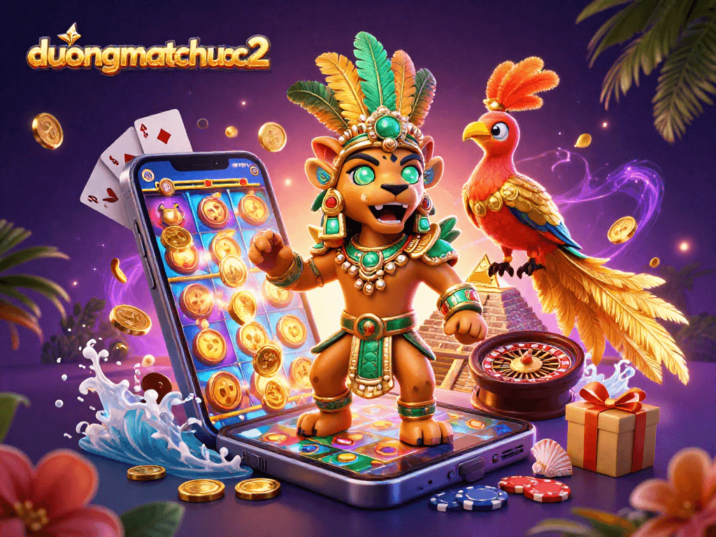 Experience duongmatchuoc2 with a vibrant gaming scene featuring a Mayan priest and casino elements.