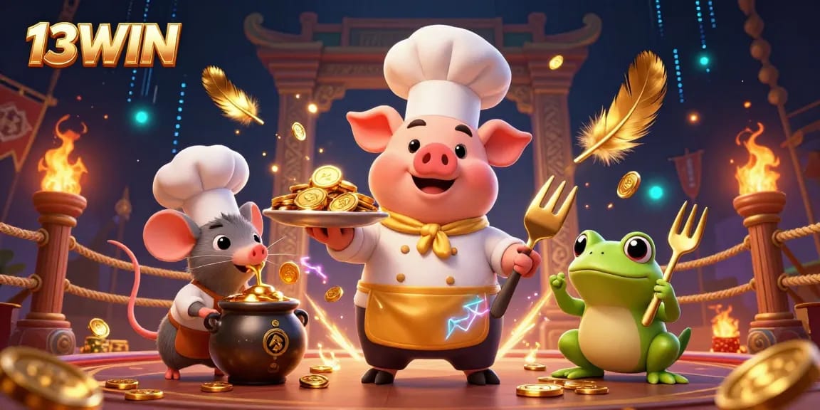 Experience the excitement of 13WIN with our vibrant casino scene, featuring a chef pig serving gold coins amidst dazzling game elements.