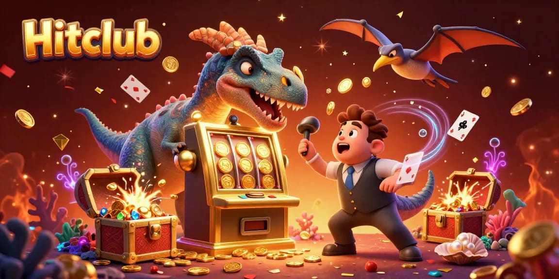Hitclub players celebrating jackpot wins as a cartoon pachycephalosaurus interacts with a golden slot machine.