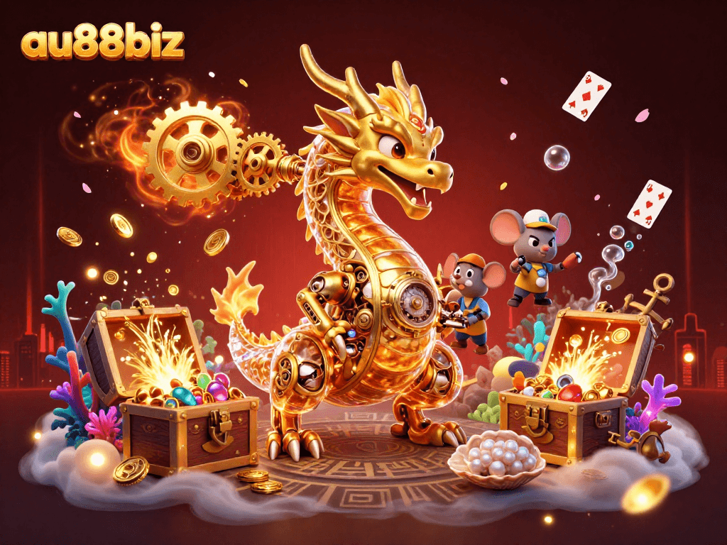 Experience luxury gaming at au88biz with a vibrant dragon and treasure-filled underwater scene.