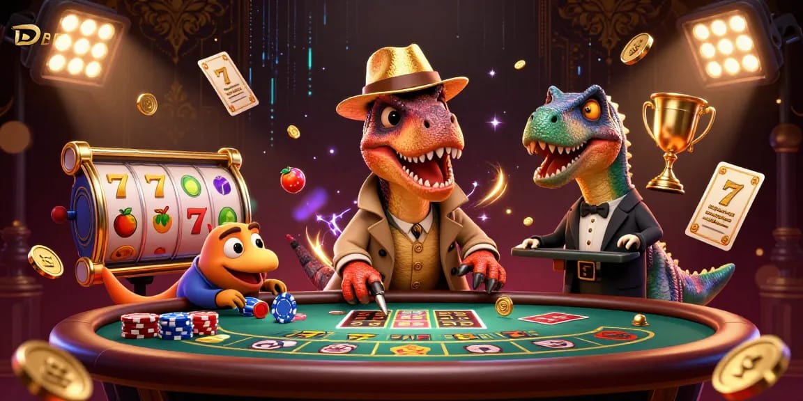 DABET offers thrilling blackjack action as a cheerful velociraptor tries to blend in, with a stegosaurus pit boss observing him.