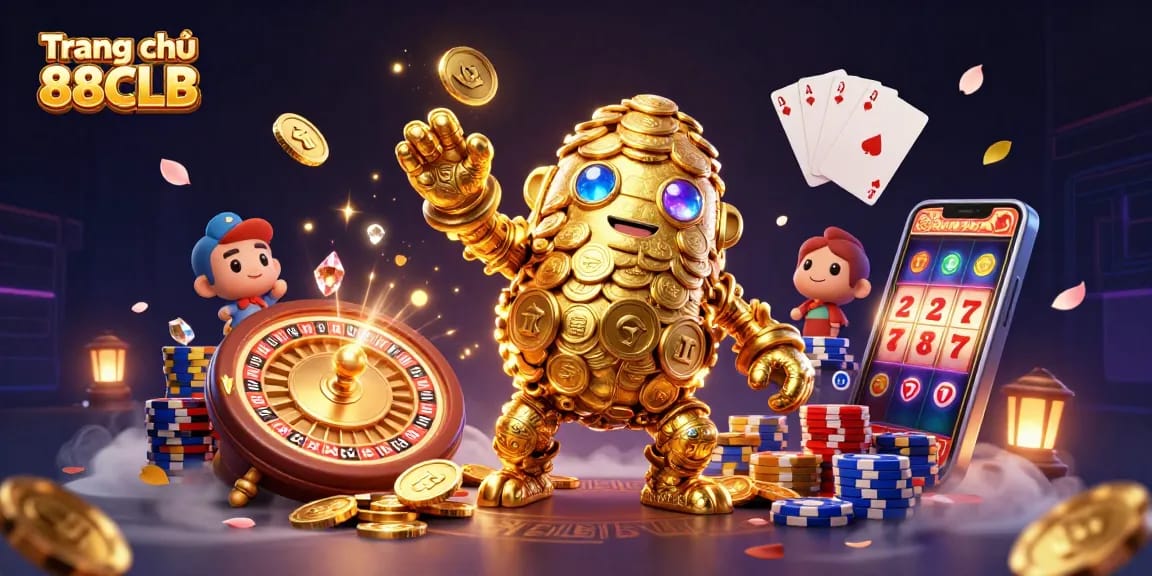 Engage in thrilling gameplay at Trang chủ 88CLB with vibrant casino elements and a golden golem character.
