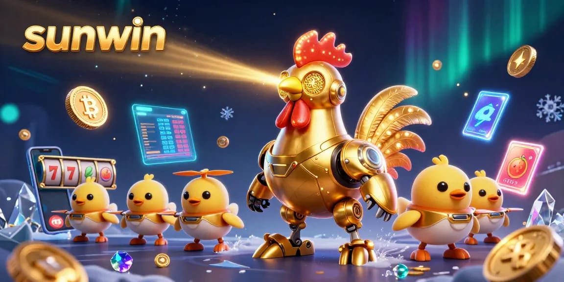 Engage with sunwin casino gaming featuring a retro-futuristic rooster robot amidst vibrant crypto symbols.