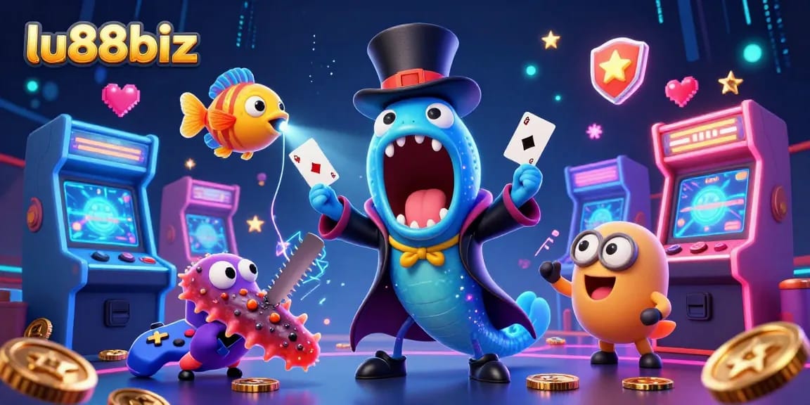 lu88biz showcases card magic with deep-sea characters illuminating a vibrant casino scene.