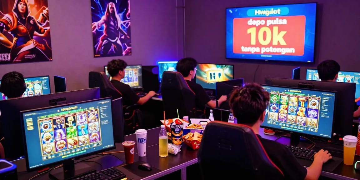 Players enjoying Hwgslot gaming with depo pulsa 10k tanpa potongan, vibrant atmosphere with no deposit fees.