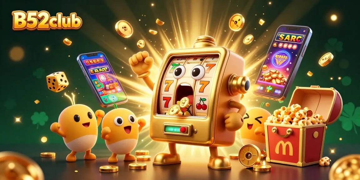 Experience the thrill of B52club winnings with iconic slot machines in a joyful jackpot scene.
