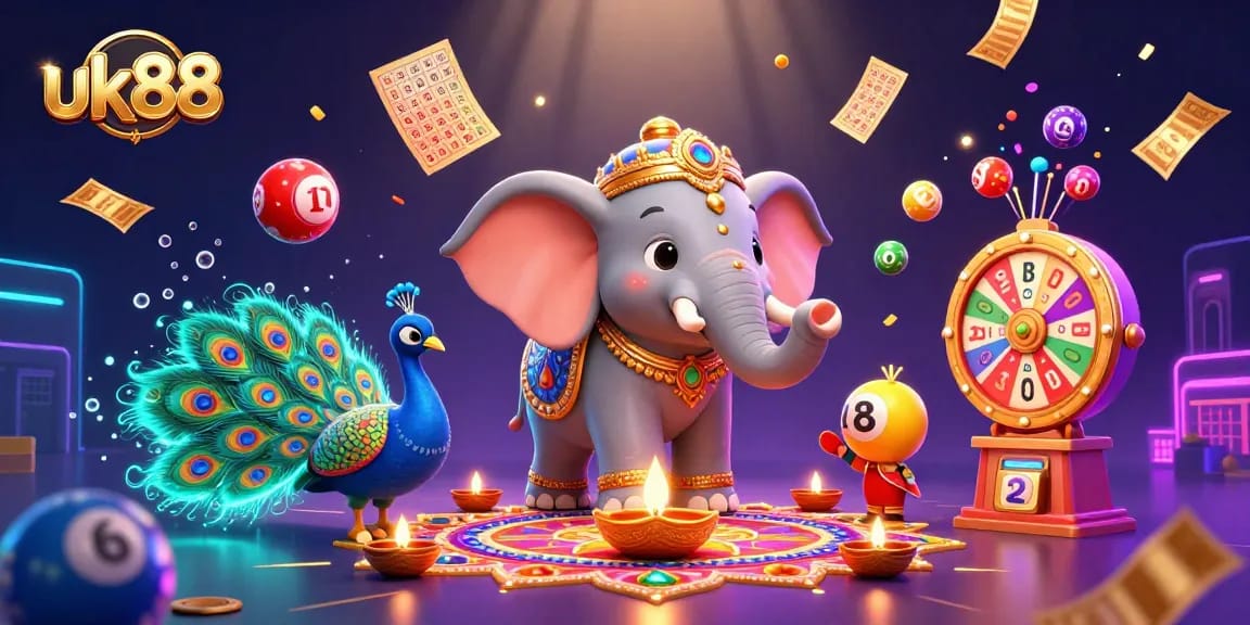 Bet on exciting games at uk88, featuring a vibrant 3D illustration of a casino theme with festive characters and dynamic elements.