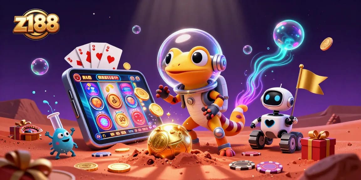Spin to win with z188 at the colorful slot games, featuring vibrant aliens and casino treasures.