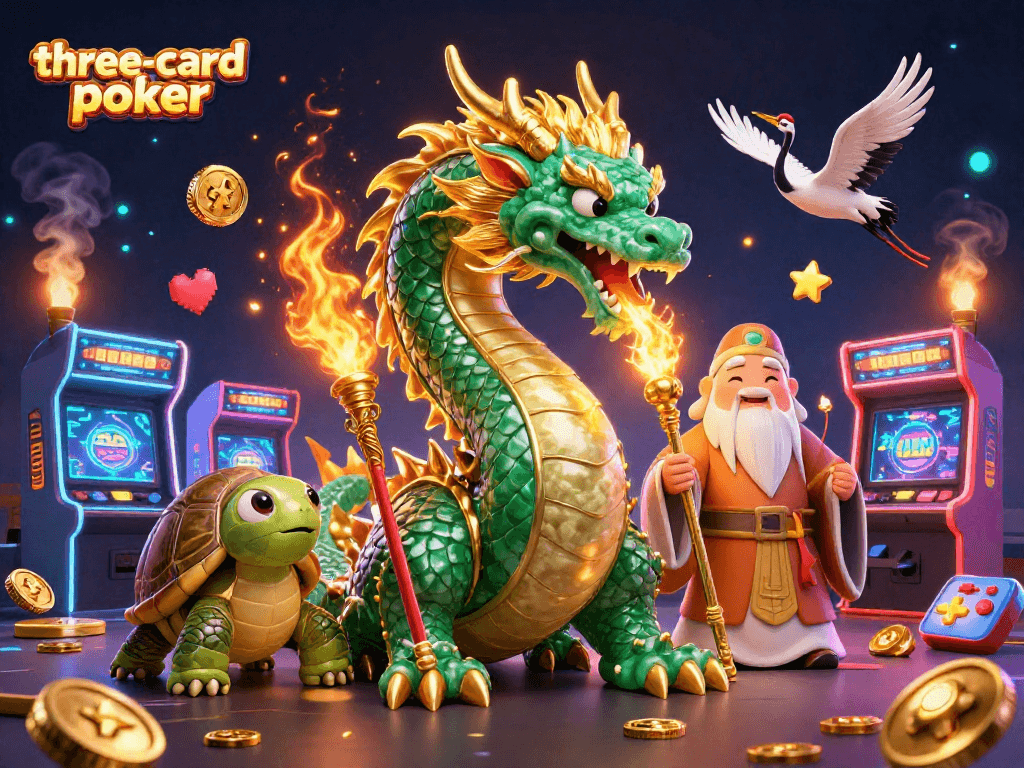 Play three-card-poker with our engaging illustration featuring vibrant characters and casino game elements.