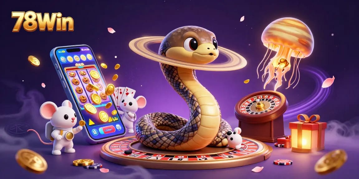 78Win features a captivating 3D illustration of cosmic characters engaging in fun gambling activities.