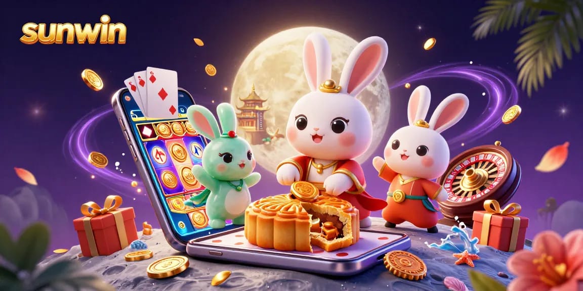 Experience thrilling wins at Sunwin with a magical moon rabbit surrounded by casino games and vibrant energy.