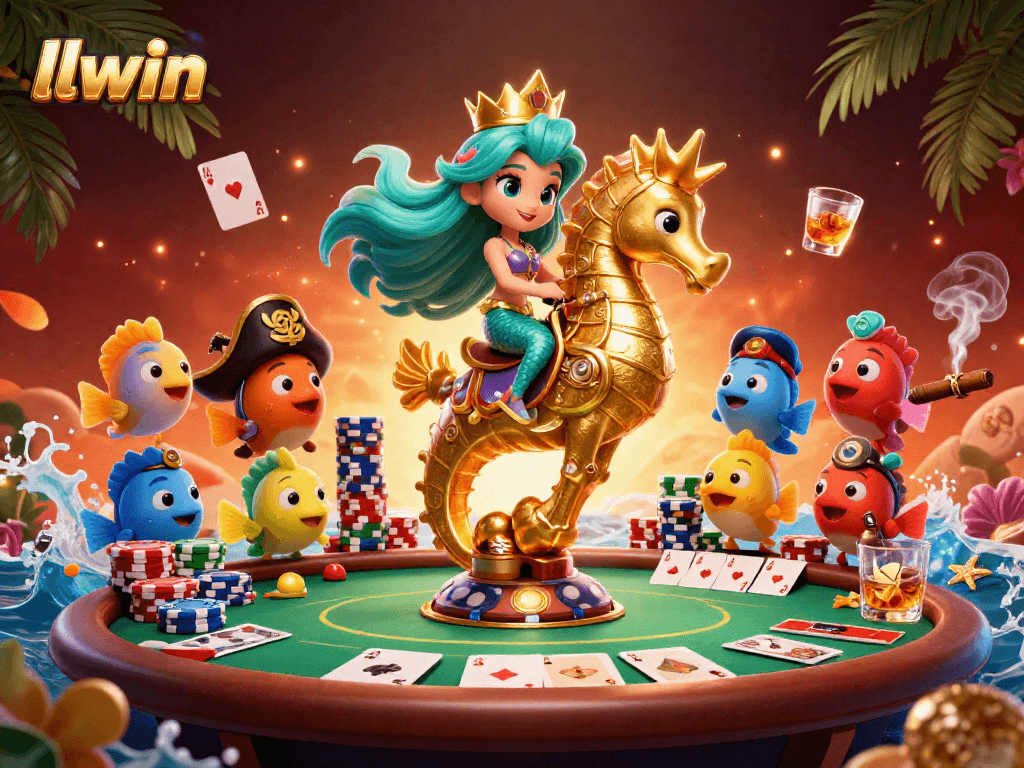Experience gameplay excitement at llwin with a vibrant scene featuring a cartoon mermaid and poker elements.