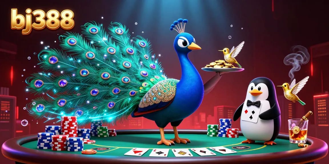 Engage in thrilling gameplay at bj388 with an aristocratic peacock and dynamic casino atmosphere.