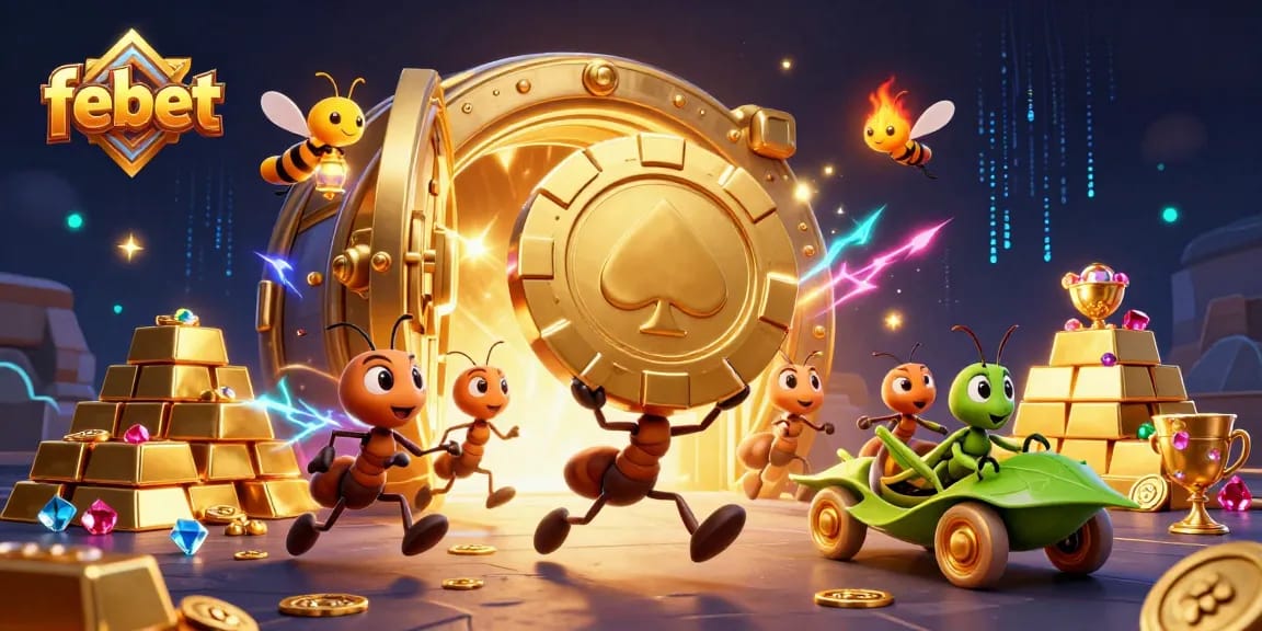 febet players embarking on a thrilling heist with oversized poker chips and gems, under neon-lit energy
