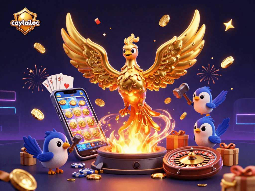Caytailoc invites you to enjoy vibrant slot games with a dynamic illustration featuring a molten gold phoenix and casino elements.