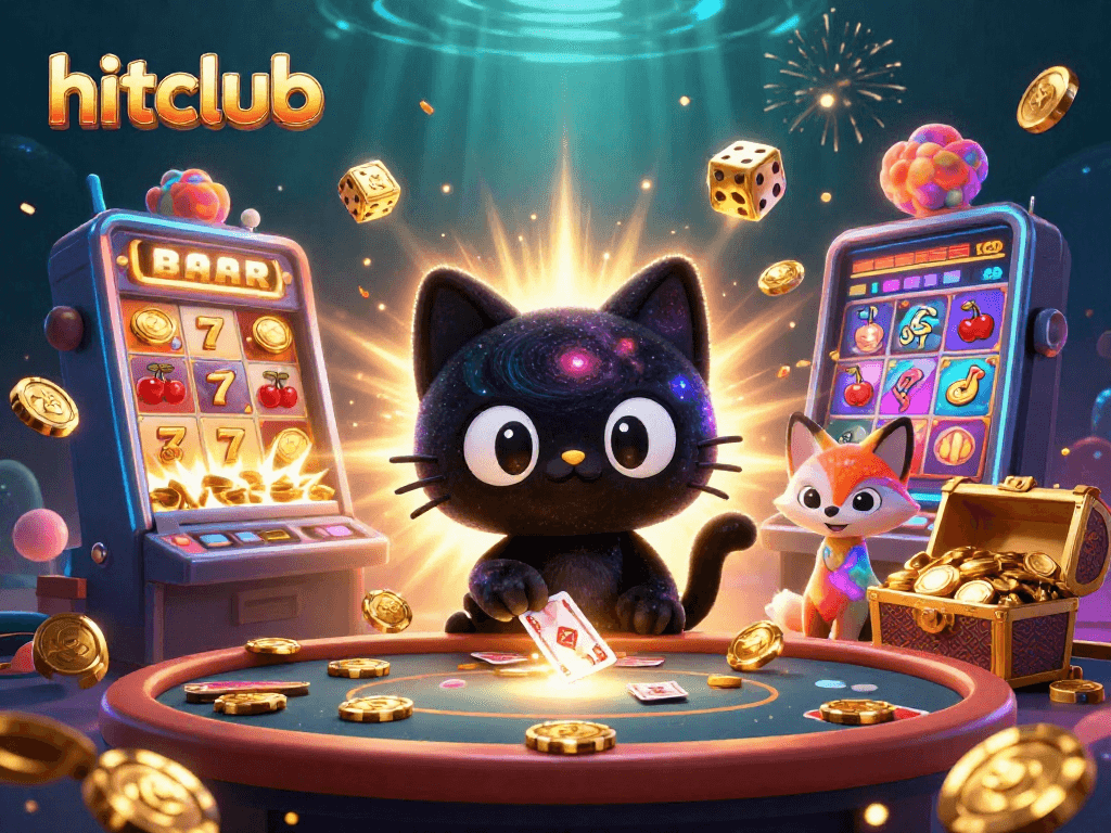 hitclub's cosmic casino adventure with a black hole cat and nebula fox amidst vibrant slot elements.