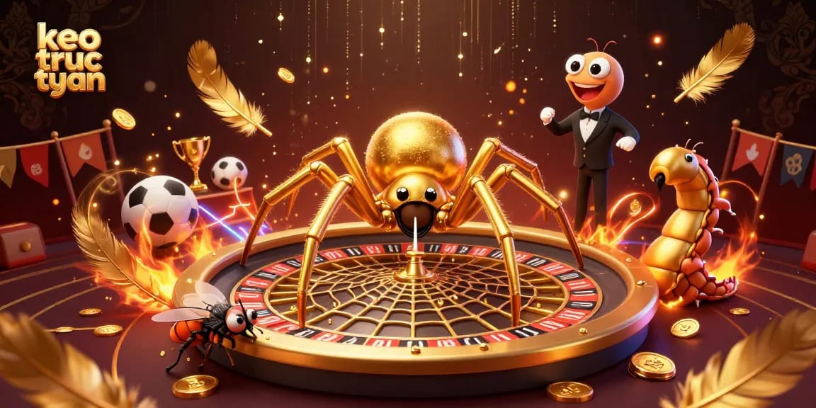 Bet confidently with keo truc tuyen as a fly places bets in a dynamic roulette wheel web.
