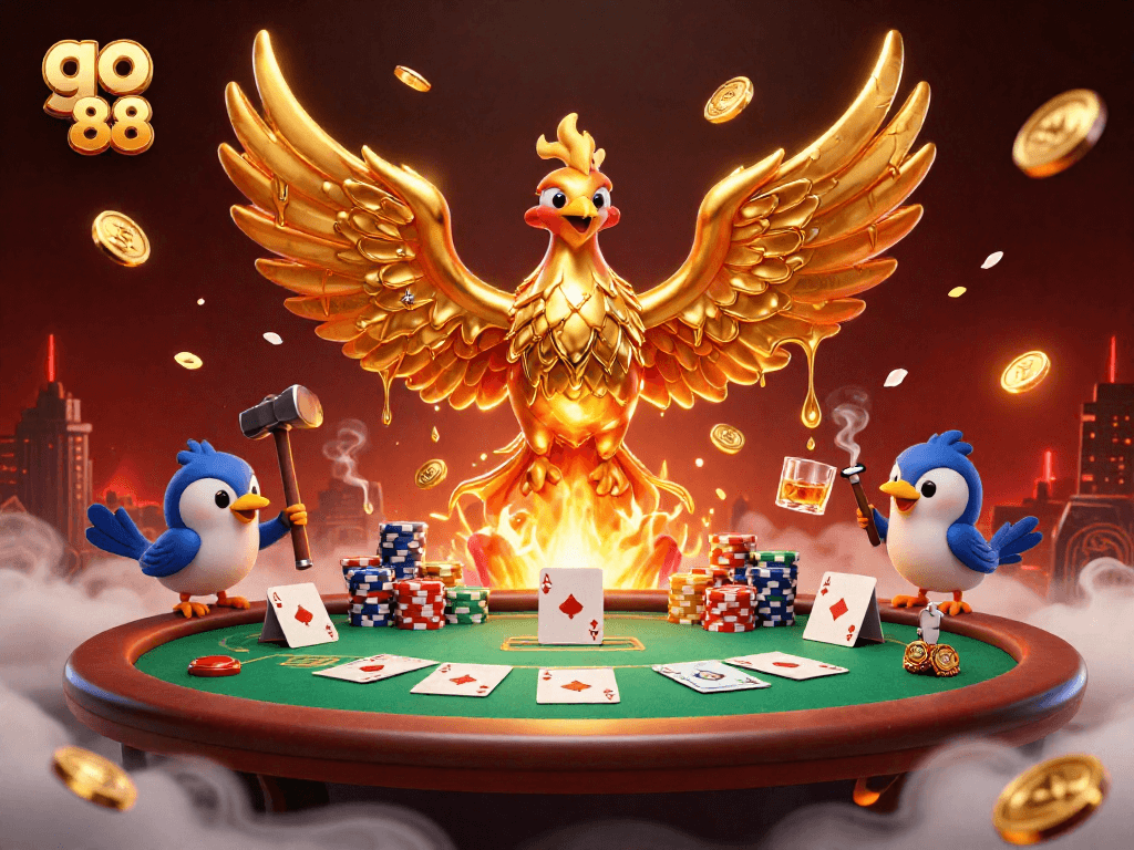 Play exciting poker at go 88 with a majestic golden phoenix surrounded by vibrant casino elements.