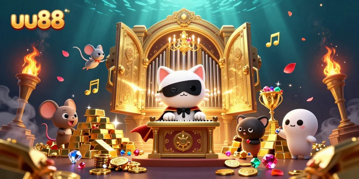 Engage in thrilling gameplay at uu88 with a dynamic scene of winning treasures and game icons.