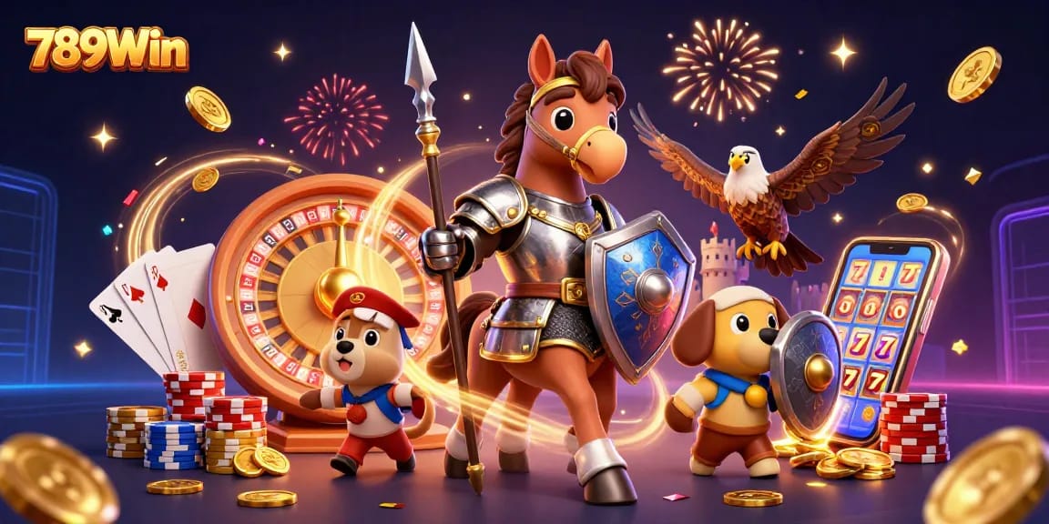 Experience thrilling games at 789Win with knights and treasures in this vibrant casino scene