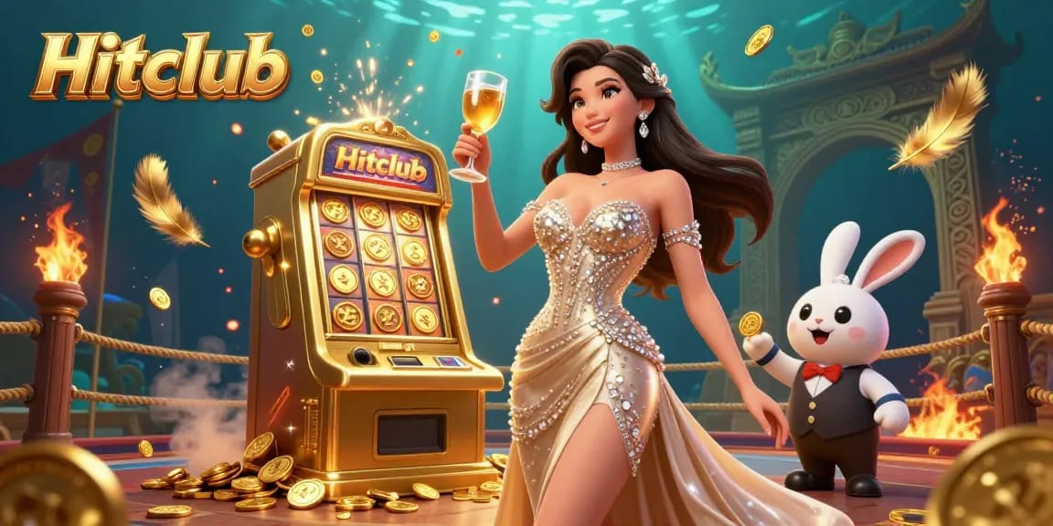 Experience exhilarating wins at Hitclub with a glamorous woman celebrating beside a golden slot machine.