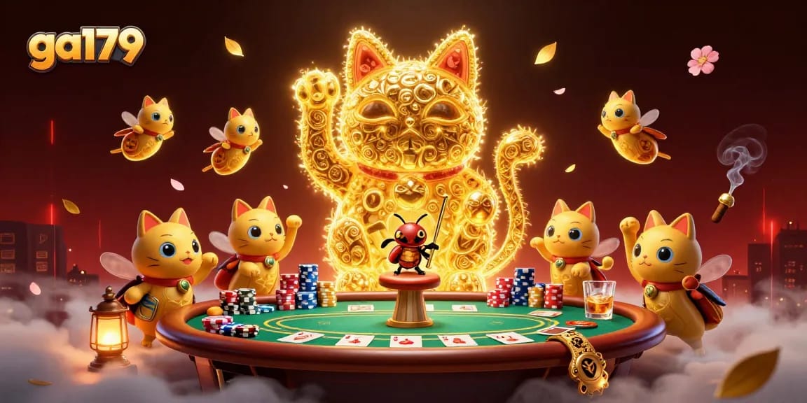 Experience ga179 with a vibrant fantasy scene showcasing a lucky cat and casino elements