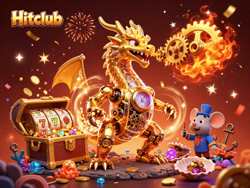 Experience excitement at Hitclub with a golden dragon and treasure symbols in a vivid casino scene.