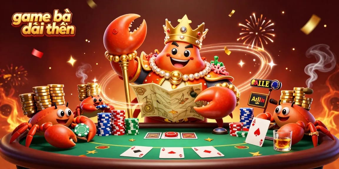 Engage in game bài đổi thưởng with a vibrant illustration of a golden crab emperor presiding over a poker game site.