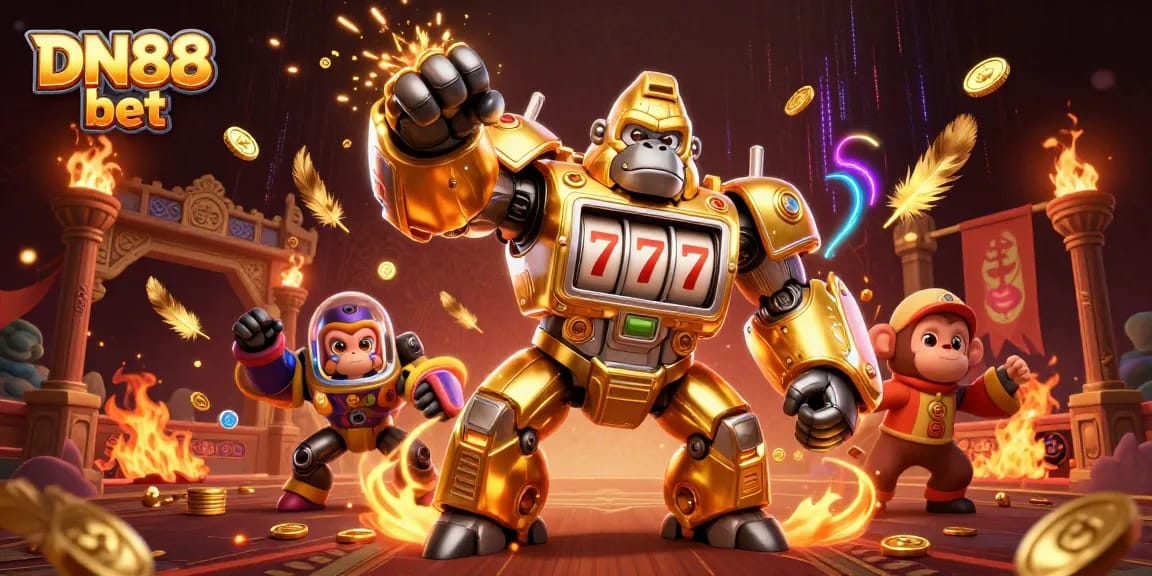 Experience the thrill of DN88 bet with giant slot machine-themed characters and vibrant casino elements.
