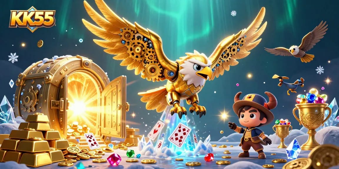 KK55's cybernetic golden eagle diving amidst holographic cards and treasure, showcasing casino excitement.
