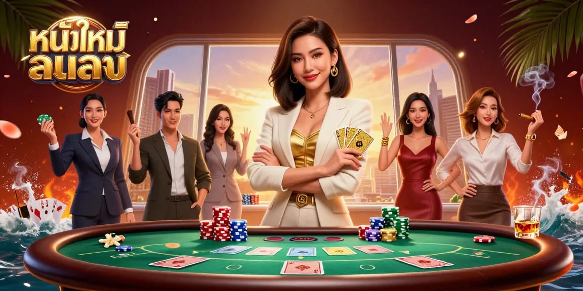 Experience thrilling moments with หนังใหม่ชนโรง at this vibrant casino scene featuring poker elements.