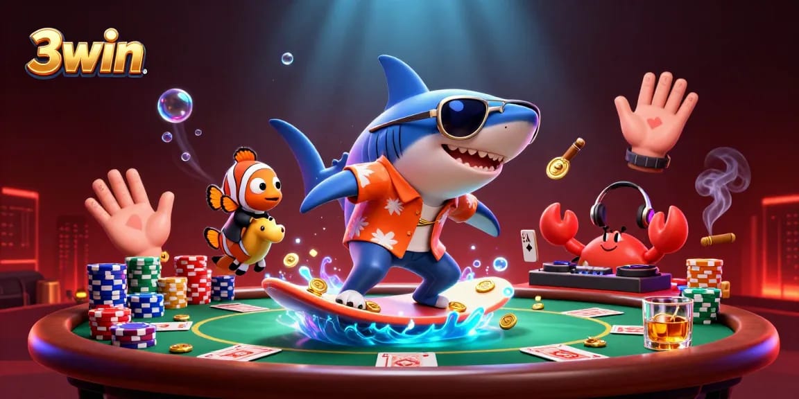 Play the thrilling games at 3win with a shark, clownfish, and crab celebrating in a vibrant casino scene.