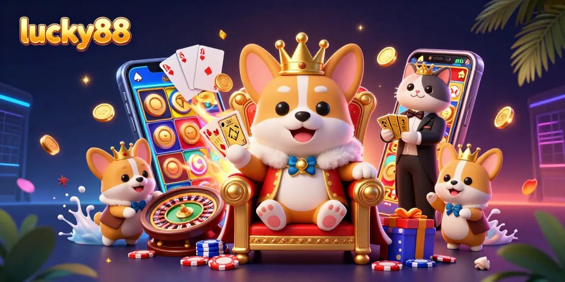 Win big with lucky88's vibrant casino scene featuring royal characters and games!