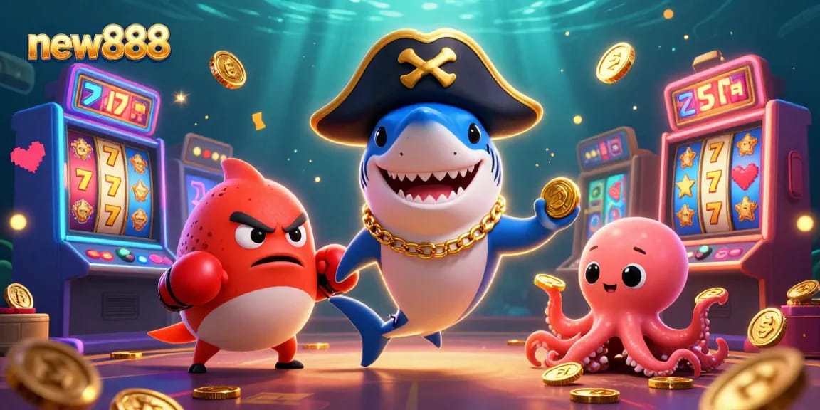 Spin and win with new888 in this vibrant casino scene featuring exciting slot machines and playful characters.